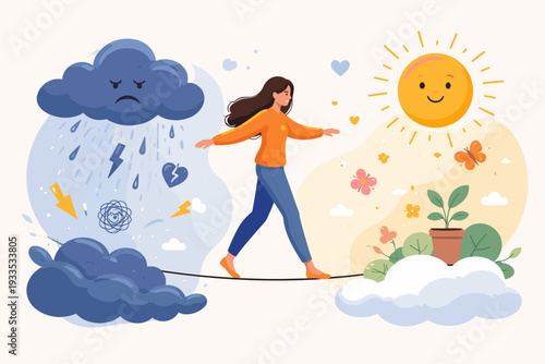 Woman Walking on Tightrope Balancing Between Sadness and Happiness, Mental Health Concept of Emotional Balance and Harmony, Transitioning from Negative to Positive Mindset and Well-being.