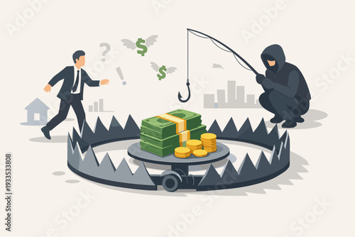 Financial Money Trap and Investment Risk Concept with Businessman Running to Cash Inside a Bear Trap and a Hacker Scammer Using a Fishing Rod to Lure Greedy People into a Fraudulent Scheme.