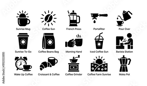 Coffee icon collection: mugs, press, grinder, and beans for morning rituals
