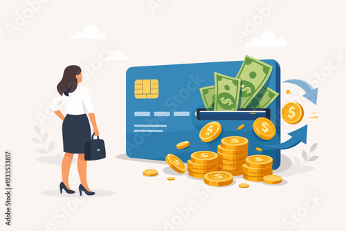 Businesswoman looking at a giant credit card with cash back rewards, money bills and gold coins coming out of a slot, financial savings and banking concept vector illustration for commerce.