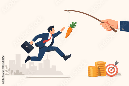 Businessman Jumping to Catch a Carrot on a Stick Held by a Large Hand, Concept of Employee Motivation, Incentive, Reward, Manipulation, and Business Goal Achievement Strategy Illustration.