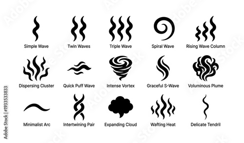 Collection of abstract wave and swirl patterns in black silhouette design