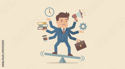 Multitasking businessman balancing daily tasks on a seesaw, holding a clock, megaphone, gear, briefcase, coffee, and folders, representing work stress, productivity, and time management vector.