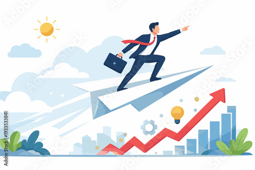 Businessman Flying on Paper Plane Towards Success and Growth Concept. Ambitious Professional Leading Startup Progress with Visionary Leadership, Financial Achievement, and Innovative Strategy Goals.