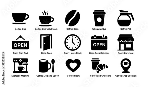 Coffee icons set: cups, beans, signs, and more