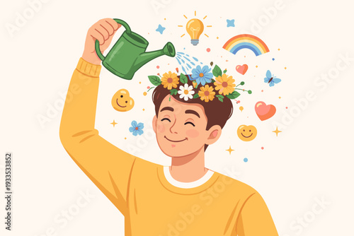 Positive Thinking and Mental Health Concept Illustration with a Man Watering Flowers Growing from His Head. Symbolizing Optimism, Growth Mindset, Self-Care, Mindfulness, and Personal Development.
