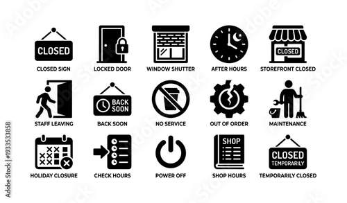 Business closure icons: signs, maintenance, hours, and more