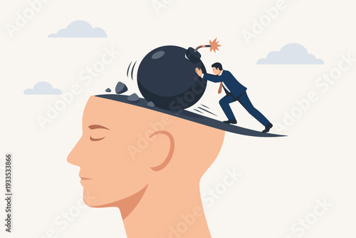 Businessman Pushing a Large Bomb off a Human Head Metaphor for Reducing Stress, Relieving Anxiety, and Managing Mental Health Pressure in the Workplace, Conceptual Illustration of Burnout Relief