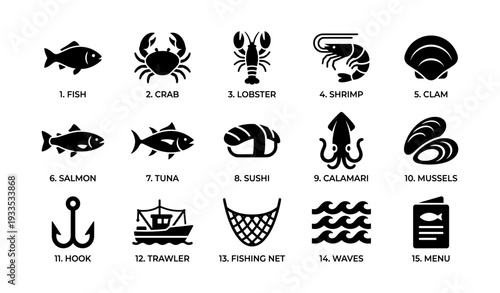 Icon set of seafood and fishing elements