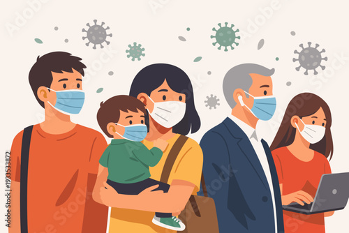 Group of diverse people wearing protective face masks against coronavirus pandemic. Men, women, and child in public with surgical masks to prevent spread of COVID-19 virus. New normal concept.