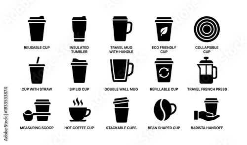 Collection of various coffee cups and accessories icons