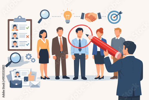 Recruitment and Hiring Process Concept with HR Manager Choosing the Best Candidate from a Group of Applicants for a Job Position, Human Resources Talent Acquisition and Professional Career Growth