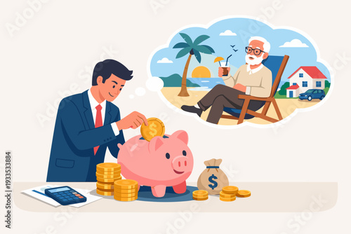 Businessman saving money in a piggy bank for his retirement plan. Financial investment concept for future security, pension, and wealth management with thought bubble of relaxing on a beach.