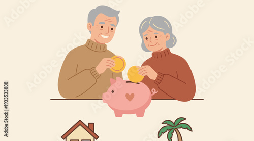 Senior Couple Saving Money in Piggy Bank for Retirement Planning and Future Financial Freedom Concept Illustration with House and Vacation Icons representing Investment and Wealth Management.