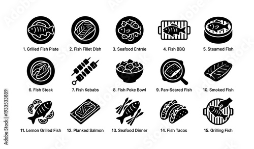 Icons of various fish dishes including grilling, bbq, and seafood entrées