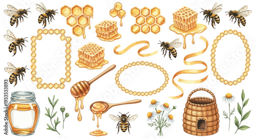 Watercolor honey elements illustration with bees honeycomb and floral details