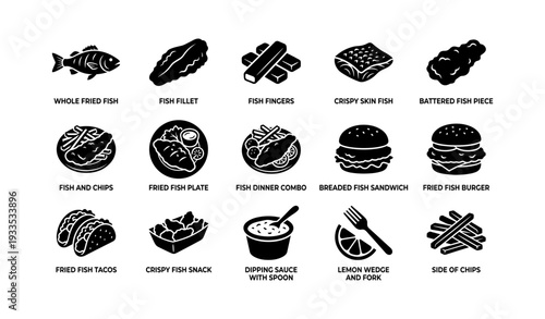 Assorted fish dishes and sides: tacos, burgers, fingers, and more