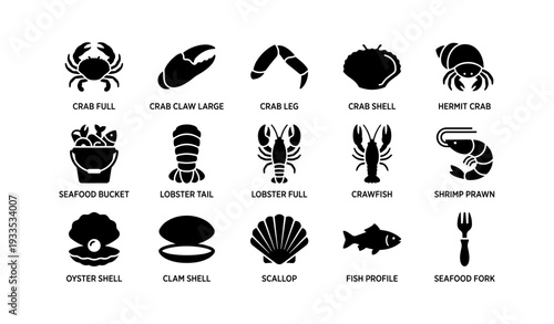 Seafood silhouettes: crab, lobster, crawfish, shrimp, and shells icons