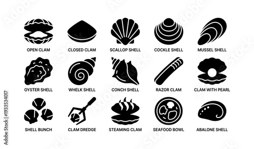 Silhouette icons of various shells and seafood items