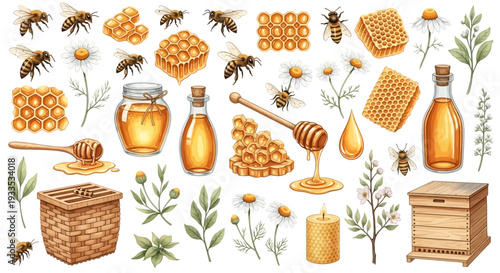 Watercolor bee hive illustration featuring honey bees flowers and honeycombs