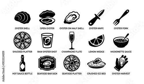 Oyster themed icons: shells, tools, and seafood enjoyment
