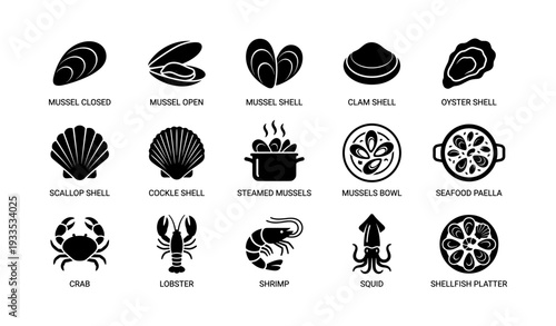 Seafood shell icon collection: mussel, clam, oyster, scallop, crab, lobster, shrimp, squid