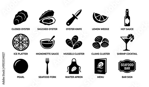 Seafood icons: oysters, lemon wedge, hot sauce, mussels, clams, shrimp cocktail