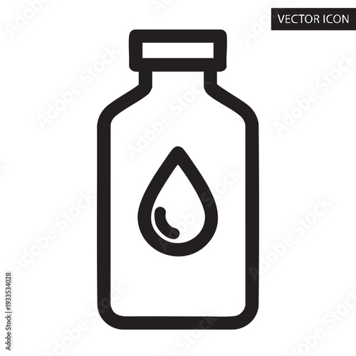 Simple black line illustration of a bottle with a drop icon on a plain background