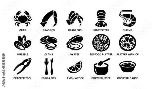 Diverse seafood platter icons with utensils and condiments