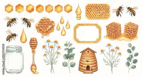 Watercolor bee hive illustration featuring honeycombs bees flowers and honey