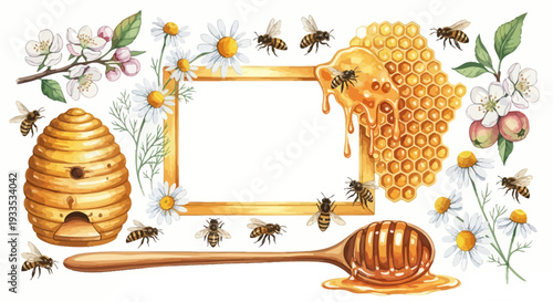 Watercolor bee hive illustration with honey bees flowers and copy space