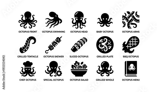 Octopus icons collection: seafood, grilled dishes, bbq, chef designs, and menu symbols