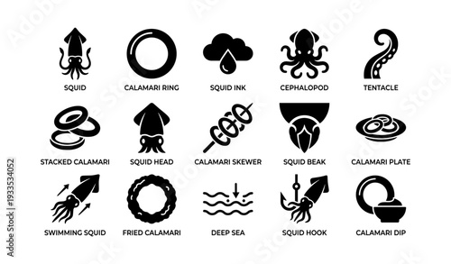 Squid and calamari icons: tentacle, ink, skewer, plate, dip designs