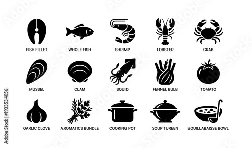 Seafood and cooking icons: fish, shrimp, lobster, crab, and culinary tools