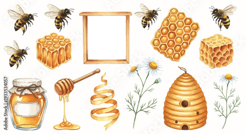 Watercolor bee hive illustration with honeycombs bees and flowers on white