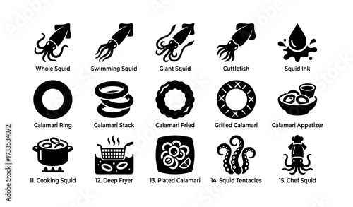 Squid and calamari icons: diverse cooking and presentation styles illustrated