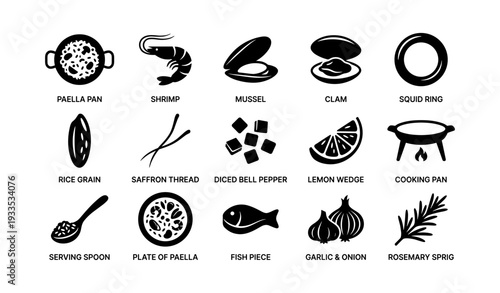 Seafood and cooking icons: paella pan, shrimp, mussel, clam, squid ring, ingredients, kitchen tools