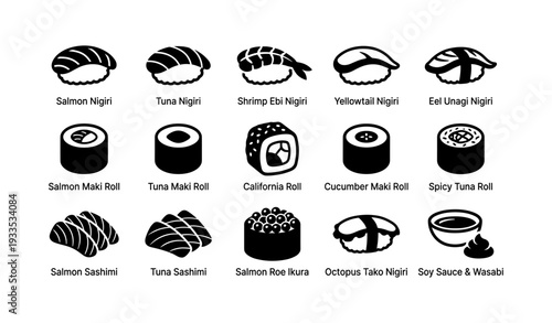 Assorted sushi and japanese rolls with labels