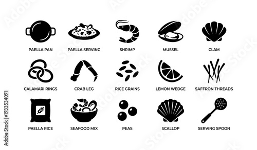 Paella ingredients icons: pan, seafood, rice, spices, lemon