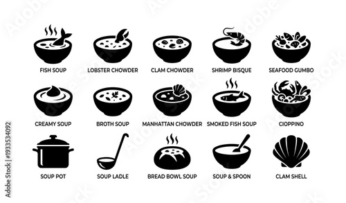 Variety of seafood and soup icons featuring fish, lobster chowder, and clam soup