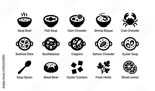 Illustrated seafood and soup icons: variety of bowls and ingredients