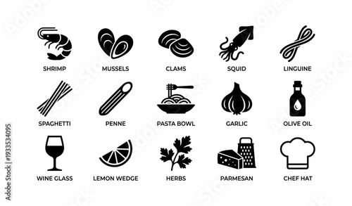 Seafood and pasta icons: shrimp, mussels, clams, squid, linguine, and more
