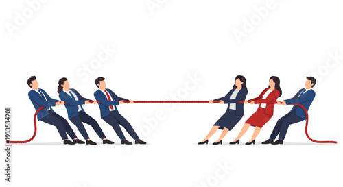 Six business professionals, three men and three women, are intensely engaged in a tug-of-war with a red rope on a pristine white background.