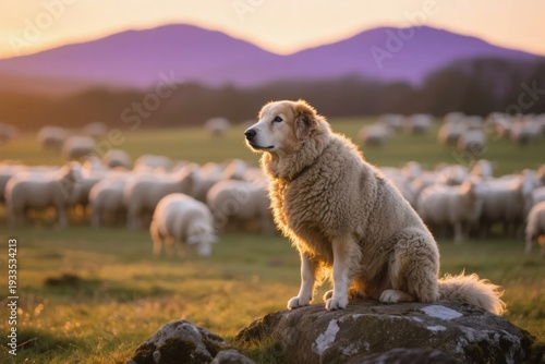A large sheepdog sits alertly on a rock overlooking a flock of sheep in a pastoral field at sunset with mountains in the background.