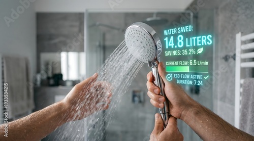 Smart shower technology uses augmented reality to display real-time water savings and eco-status, promoting efficient, sustainable bathing habits