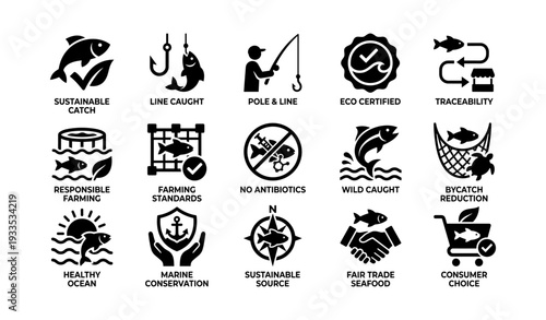 Sustainable seafood icons: responsible fishing and marine conservation symbols