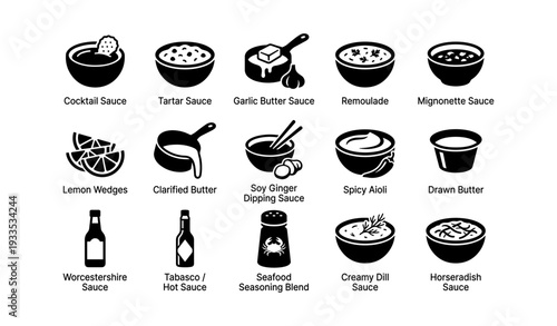 Icons of various sauces and condiments with descriptions