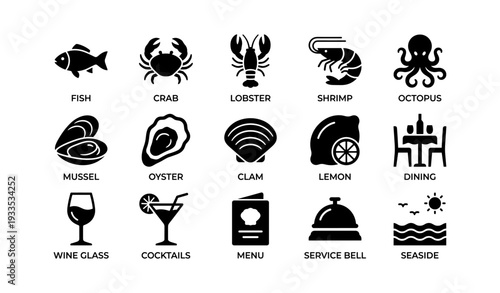 Seafood and dining icons: fish, crab, lobster, and more