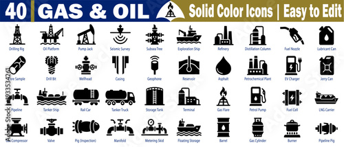 Gas and Oil icons. Petroleum industry solid color icons featuring subsea tree, exploration ship, refinery, distillation column, fuel nozzle, asphalt reservoir symbols for energy vector illustration.