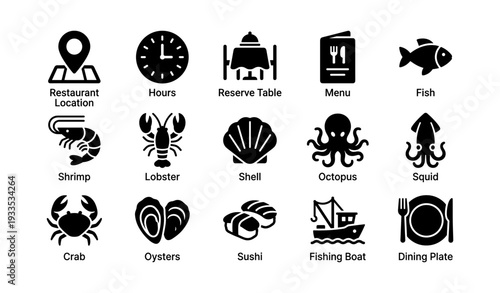 Restaurant icons collection featuring seafood symbols and dining elements